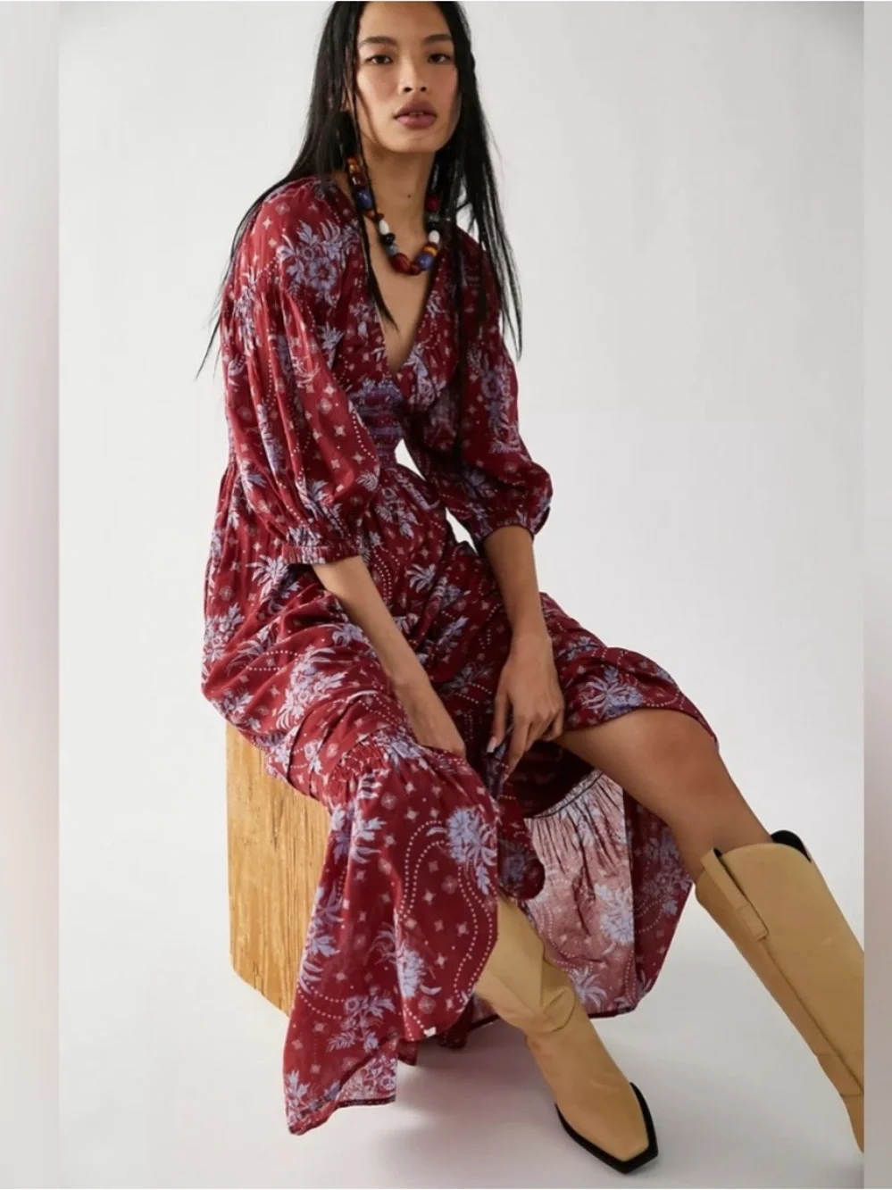 Free People Golden Hour Wine Combo Maxi Dress Red Blue Boho Cottagecore Medium